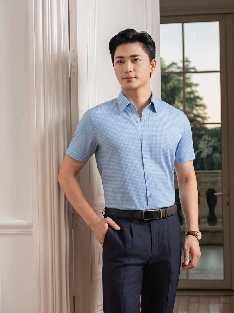  Áo Sơ Mi Cộc Tay Xanh Thiết Kế Caro Cao Cấp 9SMCH513XAH 