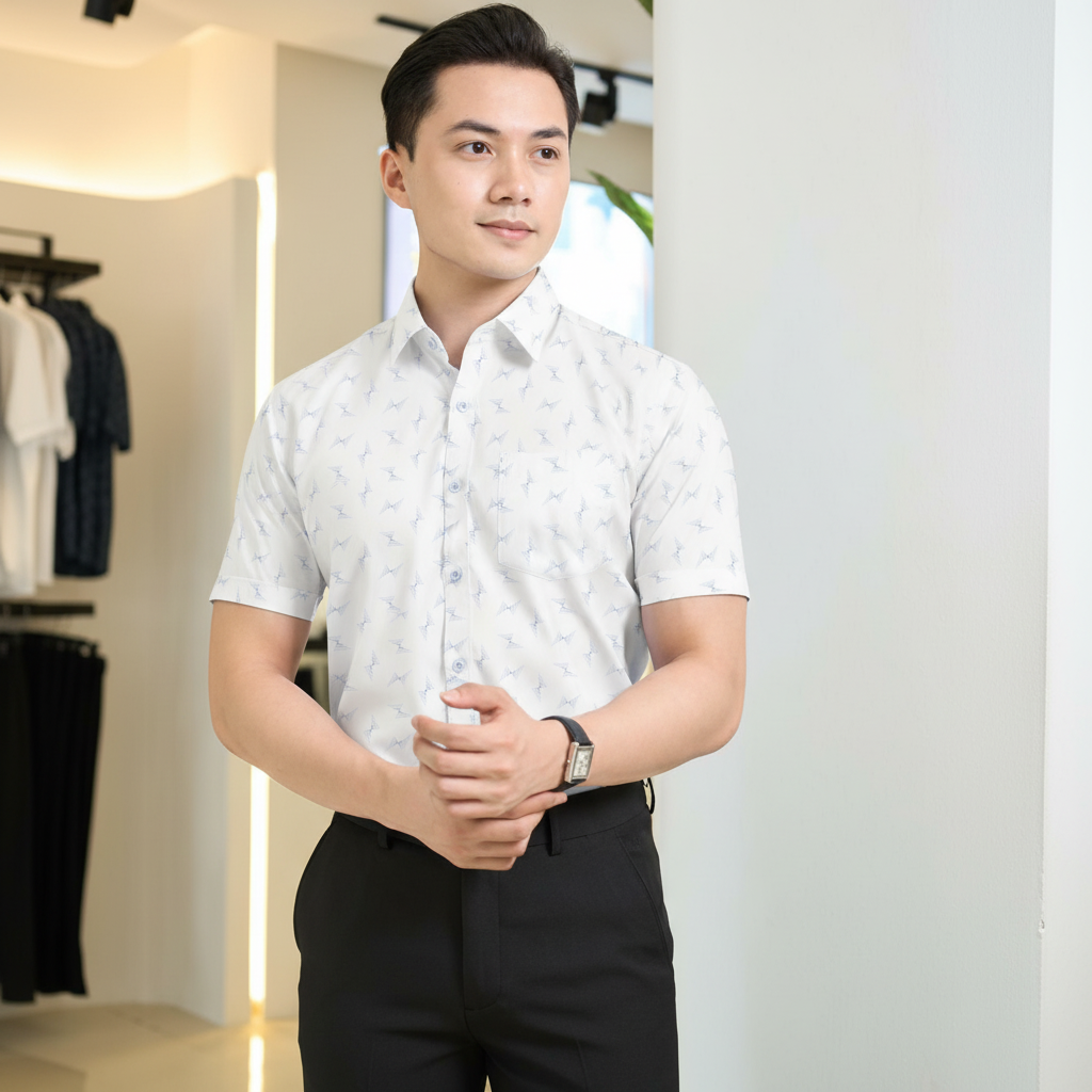  Áo Sơ Mi Trắng Cộc Tay Thiết Kế Hoạ Tiết Cao Cấp 1SMCH626TRK 