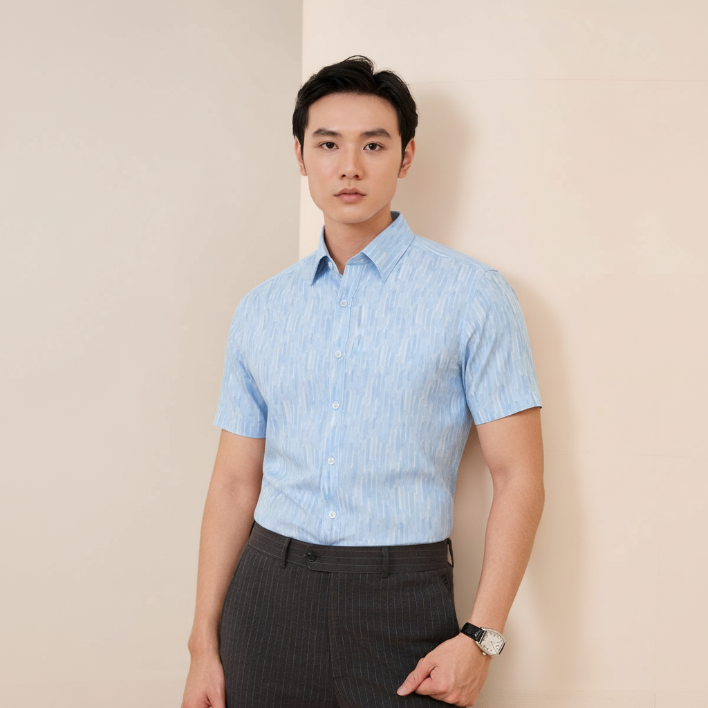  Áo Sơ Mi Xanh Nhạt Cộc Tay Thiết Kế Hoạ Tiết Cao Cấp 9SMCH514XAH 