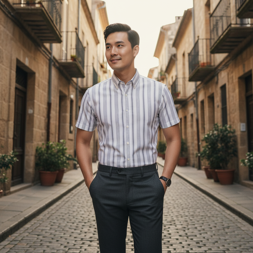  Áo Sơ Mi Cộc Tay Thiết Kế Kẻ Sọc 1SMCS663TRK 