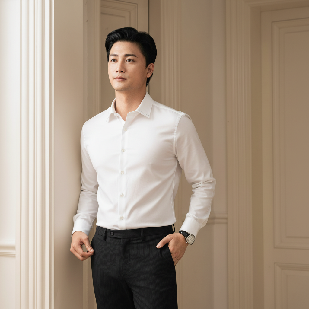  Áo Sơ Mi Dài Tay Trắng Cao Cấp Phối Hoạ Tiết Cổ Áo 9SMDT518TRK 