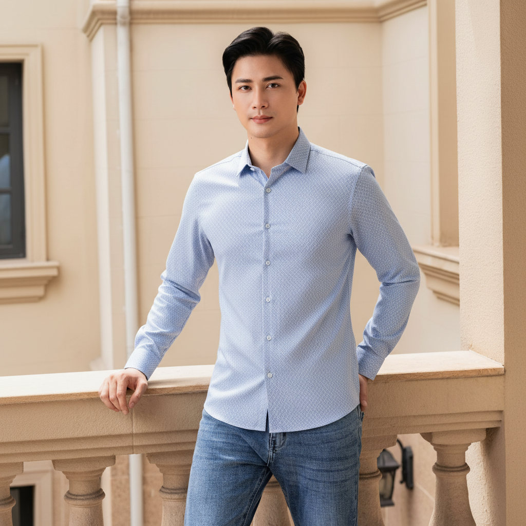  Áo Sơ Mi Dài Tay Xanh Thiết Kế Hoạ Tiết Cao Cấp 9SMDH544XAH 