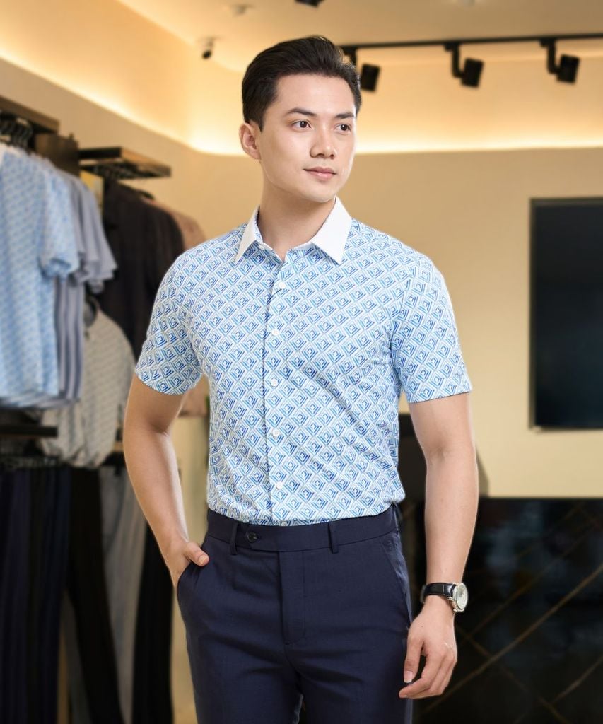  Áo Sơ Mi Cộc Tay Xanh, Hoạ Tiết, Kháng Khuẩn, Bền Màu 9SMCH530XAH 