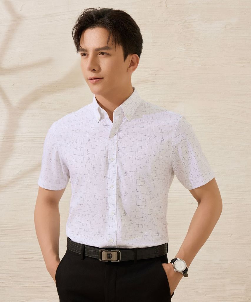  Áo Sơ Mi Cộc Tay Trắng, Hoạ Tiết, Kháng Khuẩn, Bền Màu 9SMCH509TRK 