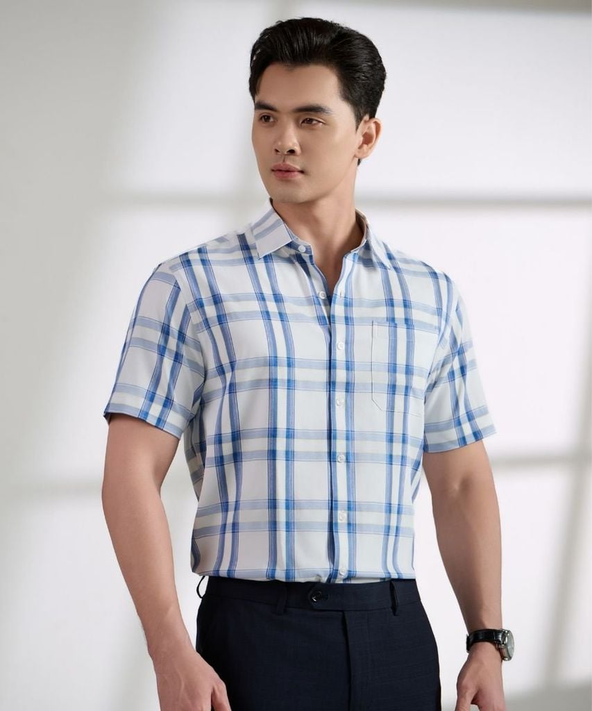  Áo Sơ Mi Cộc Tay Phối Kẻ Caro Cao Cấp, Chống Nhăn, Bền Màu 9SMCC507XAH 