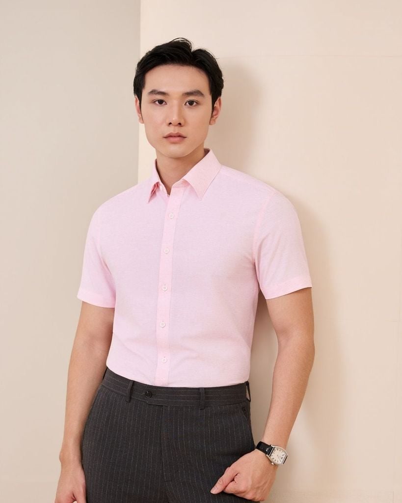  Áo Sơ Mi Cộc Tay Xanh Nhạt/Hồng Thiết Kế Basic 1SMCB662XNH/HOG 