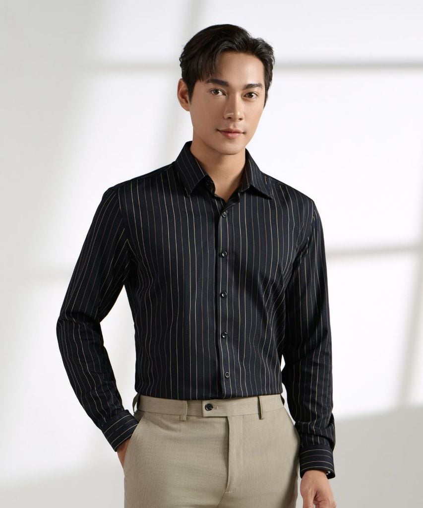  Áo Sơ Mi Đen Kẻ Sọc Cao Cấp, Chống Nhăn, Bền Màu 9SMDS521DEN 
