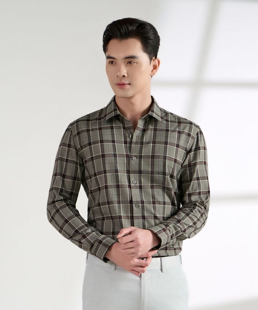  Áo Sơ Mi Rêu Phối Hoạ Tiết Caro Cao Cấp, Chống Nhăn, Bền Màu 9SMDC580REU 