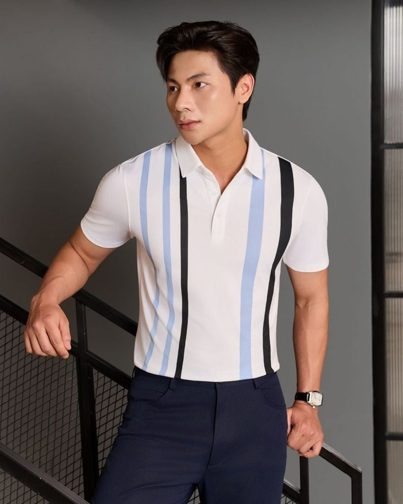  Áo Polo Trắng Thiết Kế Đường Kẻ Sọc Cao Cấp 1APCS645TRK 