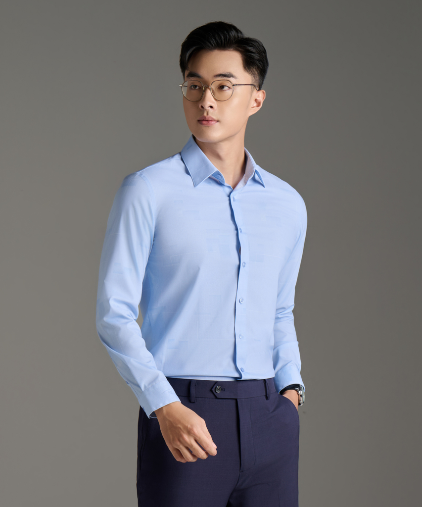  Áo Sơ Mi Dài Tay Xanh Phối Hoạ Tiết Cao Cấp, Chống Nhăn, Kháng Khuẩn 8SMDH454XAH 