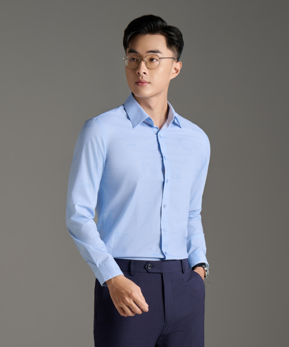  Áo Sơ Mi Dài Tay Xanh Phối Hoạ Tiết Cao Cấp, Chống Nhăn, Kháng Khuẩn 8SMDH454XAH 