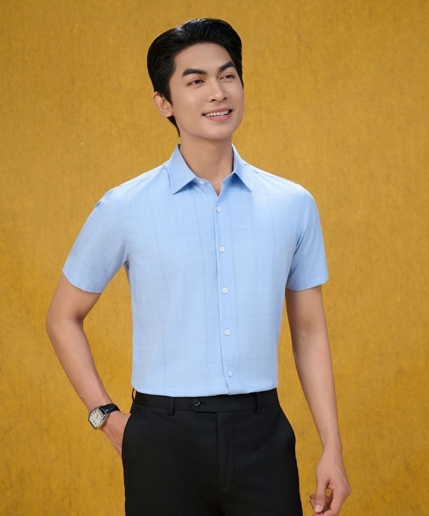 Áo Sơ Mi Cộc Tay Xanh Phối Caro, Chống Nhăn Nhàu, Chống Bám Bẩn 9SMCC542XAH 