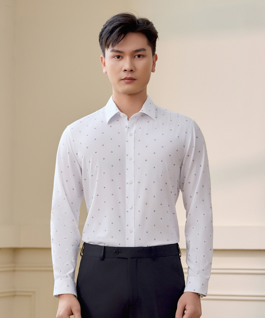  Áo Sơ Mi Trắng Hoạ Tiết Lá Cổ Nhọn Cao Cấp, Chống Nhăn, Kháng Khuẩn 8SMDH432TRK 