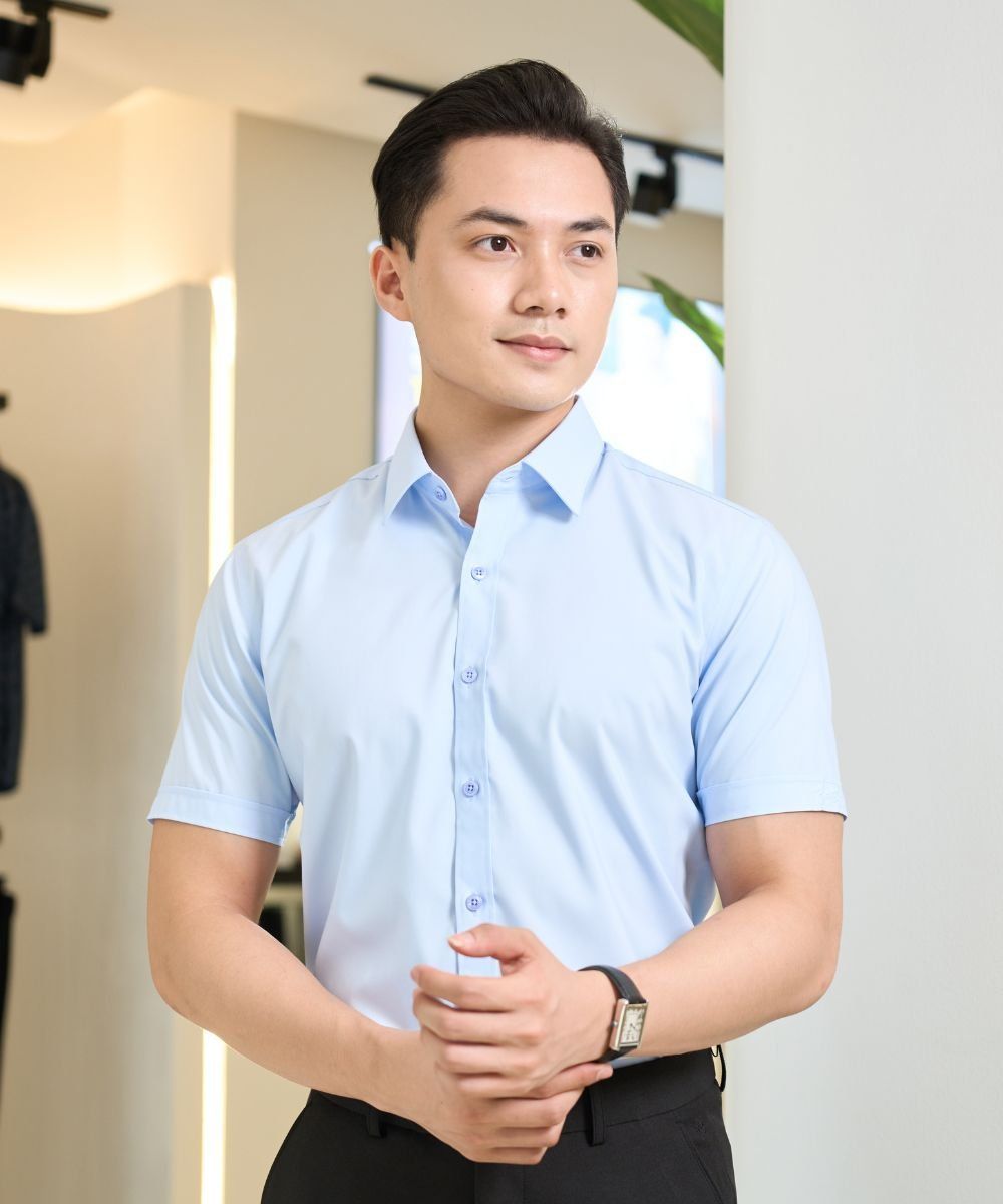  [SALE ĐỘC QUYỀN ONLINE] Áo Sơ Mi Xanh Cộc Tay Cao Cấp, Chống Nhăn, Kháng Khuẩn 9SMCB548XAH 