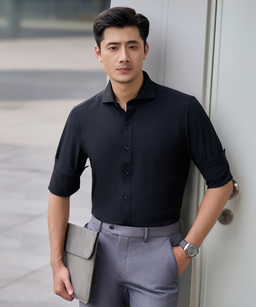  Áo Sơ Mi Đen Dài Tay Basic Chống Bám Bẩn 4SMDB003DEN 