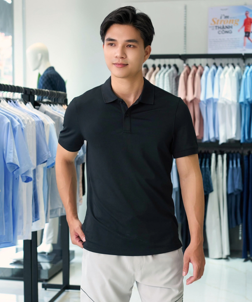  Áo Polo Đen Basic, Thân Thiện Với Làn Da, Kháng Khuẩn, Chống Nhăn, Bền Màu 8APCB436DEN 