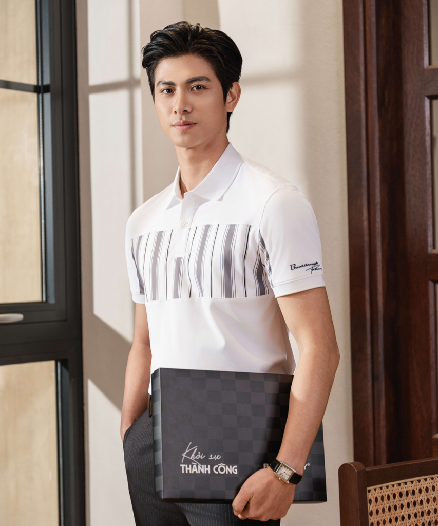  Áo Polo Trắng Hoạ Tiết, Kháng Khuẩn, Chống Nhăn, Bền Màu 9APCT506TRK 