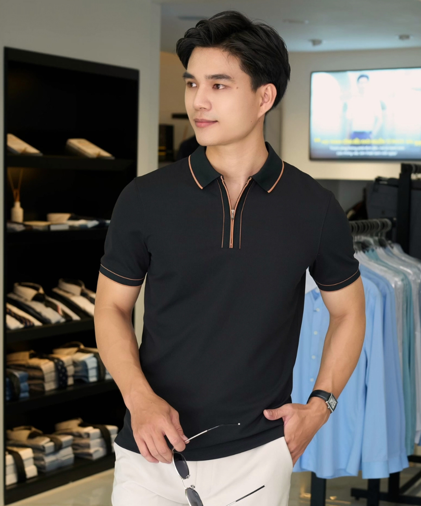  Áo Polo Đen Cổ Viền Cam, Kháng Khuẩn, Chống Nhăn, Bền Màu 9APCT538DEN 