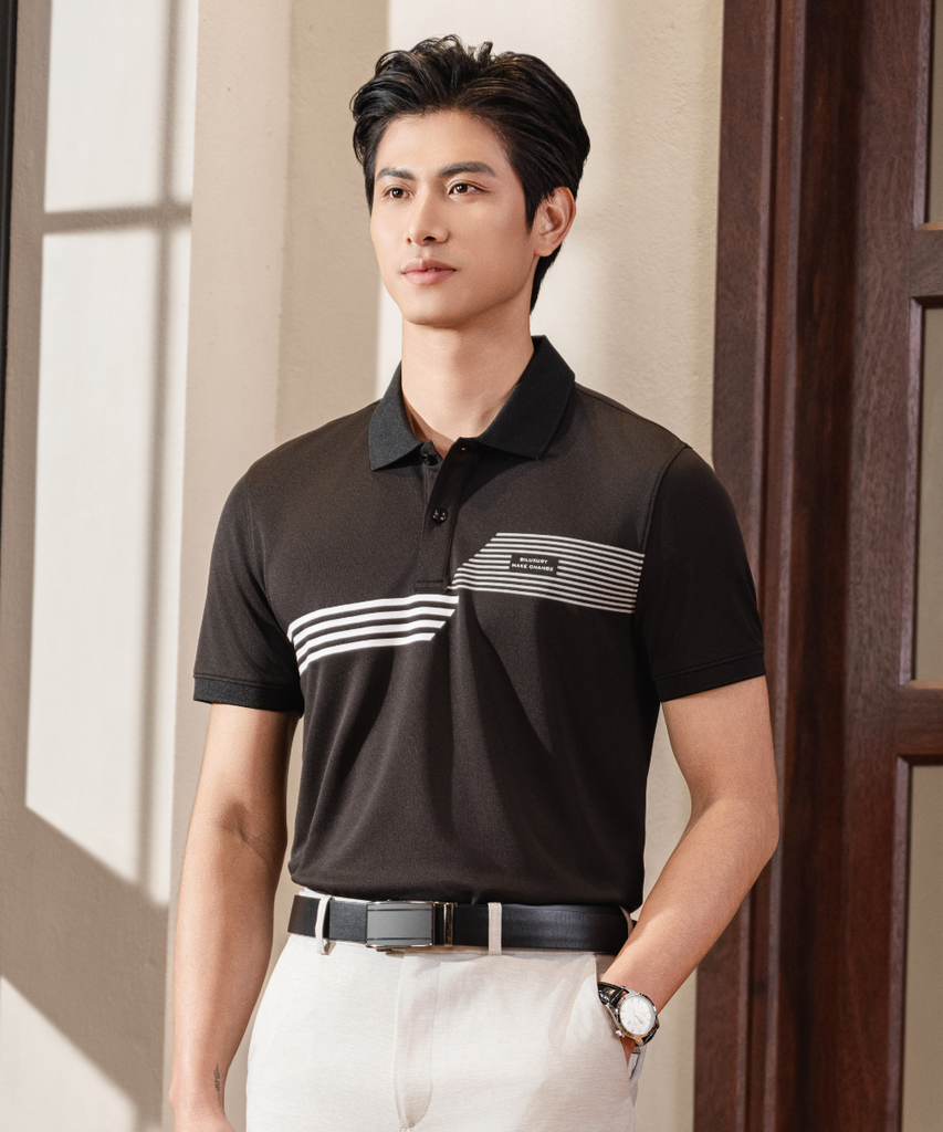  Áo Polo Đen Phối Sọc Kẻ, Kháng Khuẩn, Chống Nhăn, Bền Màu 8APCT498DEN 