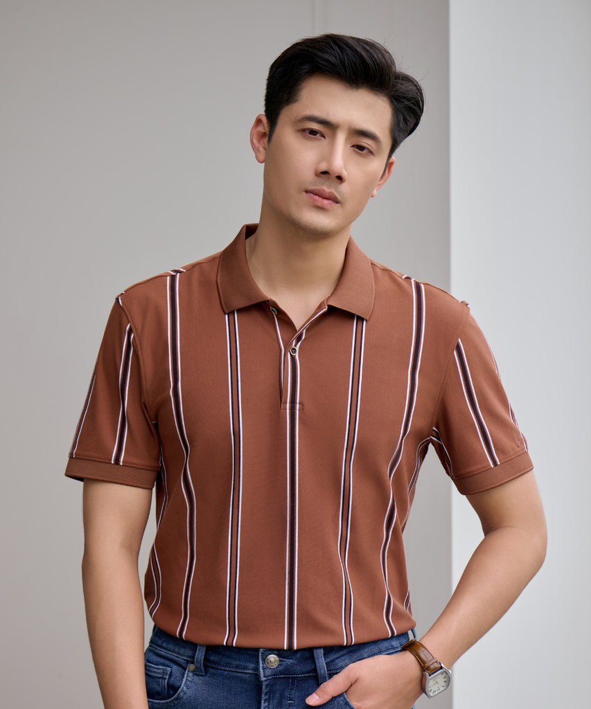  Áo Polo Nâu Hoạ Tiết Kẻ Sọc Thân Thiện Với Làn Da 8APCS457NAU 