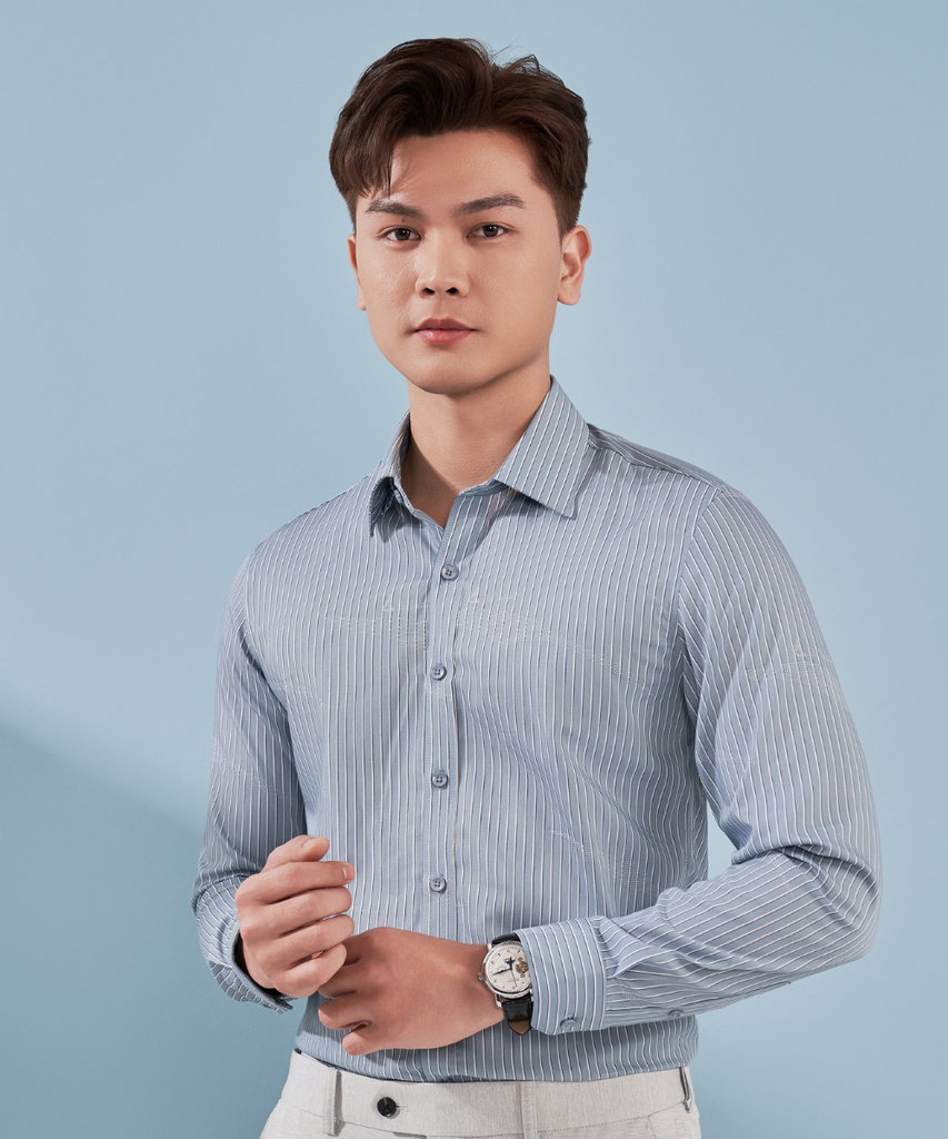  Áo Sơ Mi Xanh Hoạ Tiết Kẻ Sọc, Cao Cấp, Chống Nhăn, Kháng Khuẩn 9SMDS554XNG 