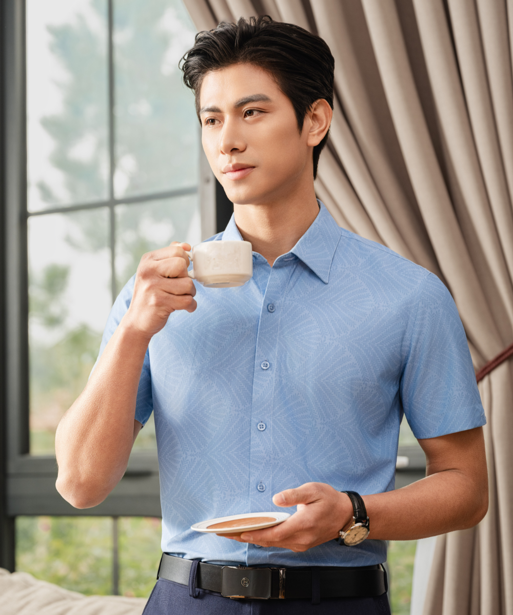  Áo Sơ Mi Cộc Tay Xanh Hoạ Tiết Chìm, Thoáng Mát, Chống Nhăn 9SMCH520XNH 