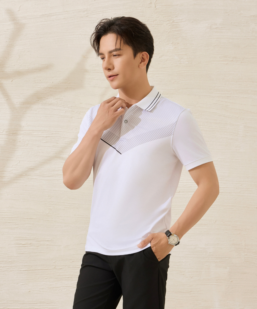  Áo Polo Trắng Hoạ Tiết, Kháng Khuẩn, Chống Nhăn, Bền Màu 9APCT576TRK 