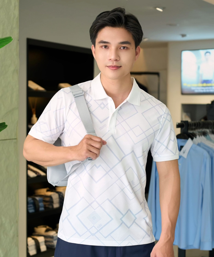  Áo Polo Trắng Hoạ Tiết Hình Học Vải Recycle Thân Thiện Với Da 8APCH439TRK 