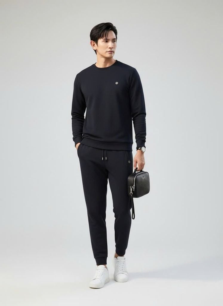  Bộ Nỉ Thể Thao Cổ Tròn Thiết Kế Basic 9ANOT003DEN + 9QNIT003DEN 