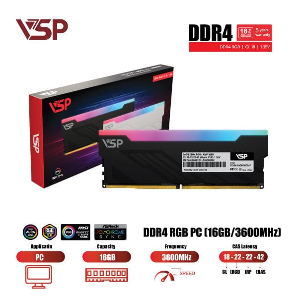 RAM VSP LED RGB 16GB DDR4 3600MHz (Black)