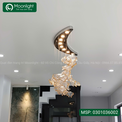 Đèn thả trang trí chất liệu thủy tinh 35 lá cải thảo HTK-079, led 3 màu mâm inox trắng hình bán nguyệt, 0301036002