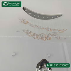 Đèn thả trang trí chất liệu thủy tinh 35 lá cải thảo HTK-079, led 3 màu mâm inox trắng hình bán nguyệt, 0301036002