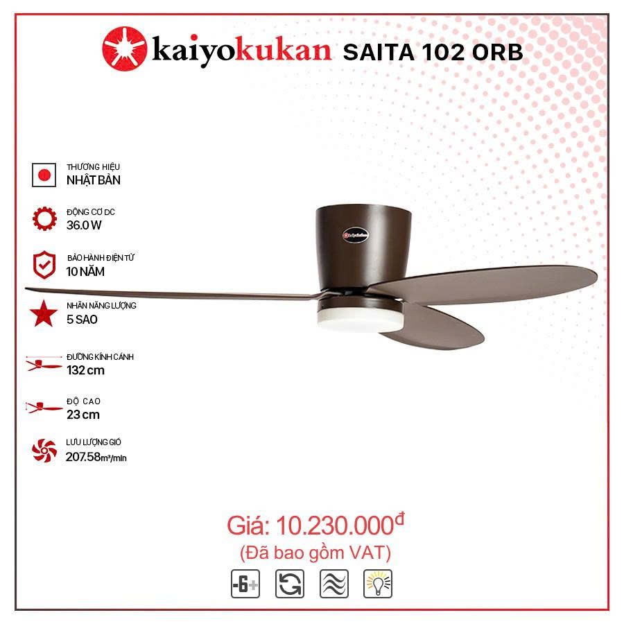 Quạt trần đèn Nhật Bản Kaiyo Kukan 3 cánh D132cm 36W DC SAITA 102 ORB