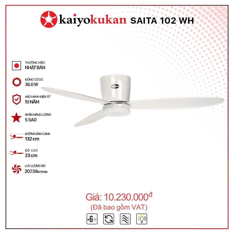 Quạt trần đèn Nhật Bản Kaiyo Kukan 3 cánh D132cm 36W DC SAITA 102 WH