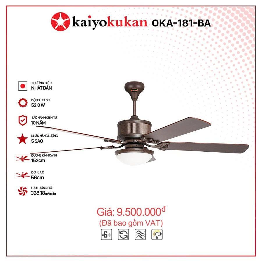 Quạt trần đèn Nhật Bản Kaiyo Kukan 5 cánh D152cm 52W DC OKA 181 BA