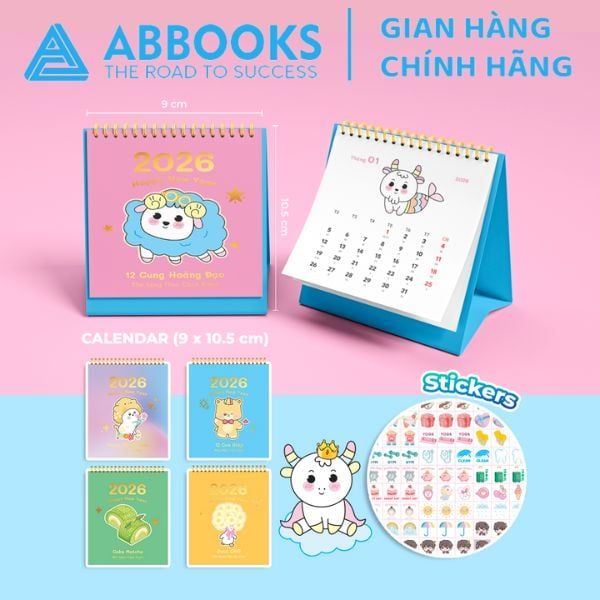 Lịch Để Bàn Mini 2026 – Meow Time, 12 Con Giáp, 12 Cung Hoàng Đạo, Duck Time, Cake Matcha Có Note Kèm Sticker Trang Trí Dễ Thương (9x10.5cm) – Bộ 5 Cuốn