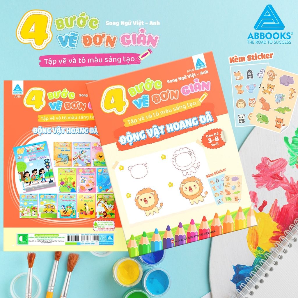 Sách Tô Màu Cho Bé Kèm Sticker 4 Bước Vẽ Đơn Giản Song Ngữ Việt Anh ABBOOKS