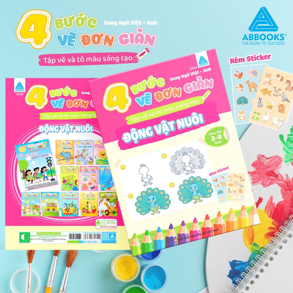Sách Tô Màu Cho Bé Kèm Sticker 4 Bước Vẽ Đơn Giản Song Ngữ Việt Anh ABBOOKS