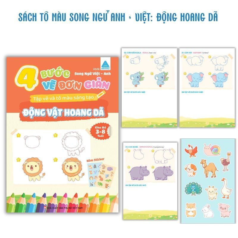 Sách Tô Màu Cho Bé Kèm Sticker 4 Bước Vẽ Đơn Giản Song Ngữ Việt Anh ABBOOKS