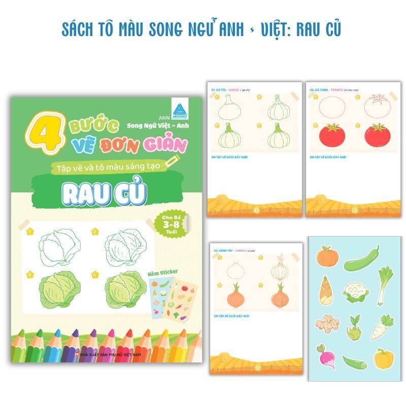 Sách Tô Màu Cho Bé Kèm Sticker 4 Bước Vẽ Đơn Giản Song Ngữ Việt Anh ABBOOKS