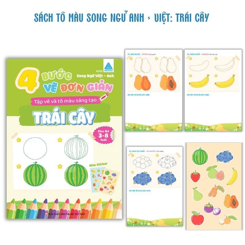 Sách Tô Màu Cho Bé Kèm Sticker 4 Bước Vẽ Đơn Giản Song Ngữ Việt Anh ABBOOKS