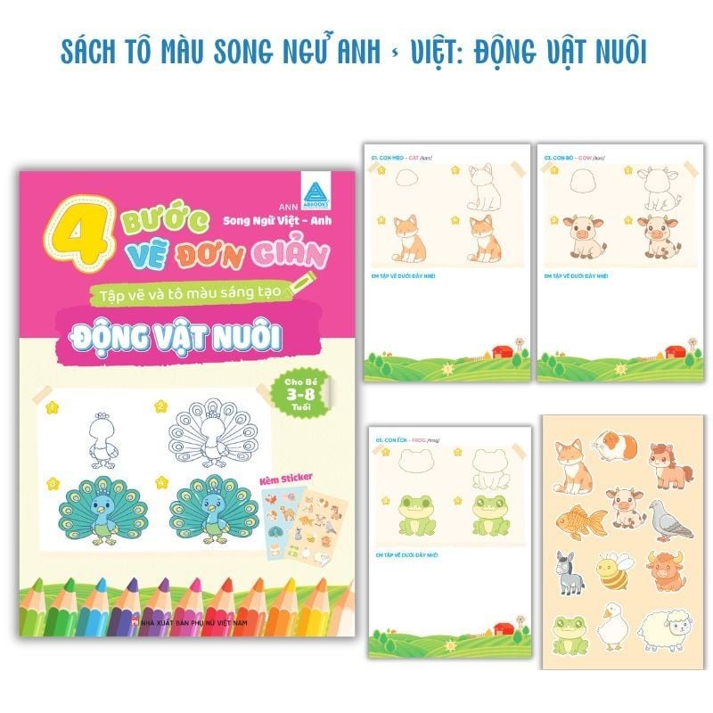 Sách Tô Màu Cho Bé Kèm Sticker 4 Bước Vẽ Đơn Giản Song Ngữ Việt Anh ABBOOKS