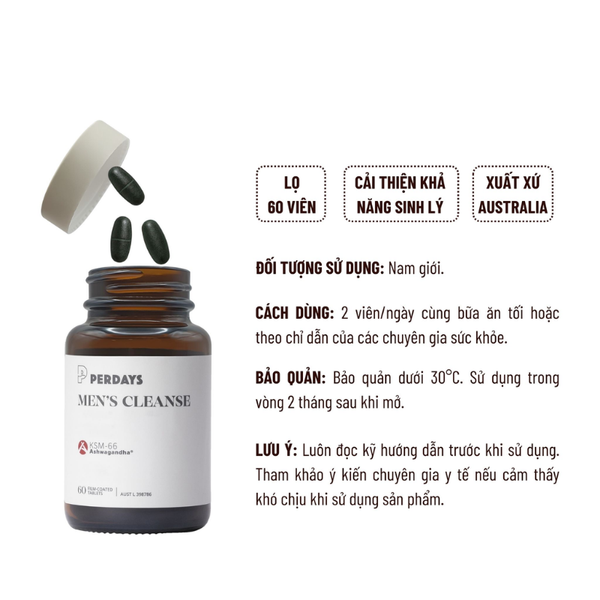 Perdays Viên Uống Men's Cleanse & Fertility Support Thải Độc Gan, Cải Thiện Sinh Lý Cho Nam 60 Viên