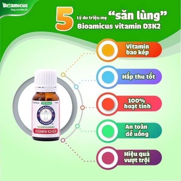 Bioamicus Vitamin K2 & D3 Hỗ Trợ Phát Triển Chiều Cao, Canxi, Ngừa Còi Xương Và Tăng Đề Kháng Cho Trẻ Lọ 10ml