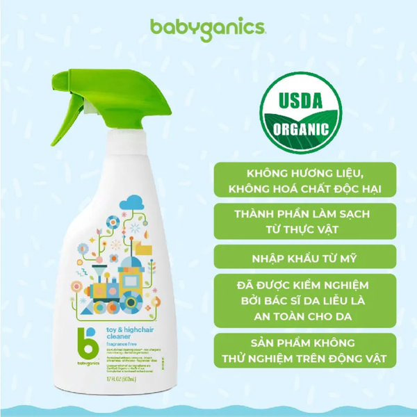 Babyganics Chai Xịt Vệ Sinh Đồ Chơi & Bề Mặt Đa Năng An Toàn Cho Bé Organic Toy & High Chair Cleaner Spray 502ml