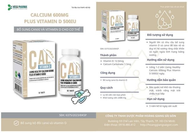 Living Healthy Viên Uống Bổ Sung Calcium 600mg Plus Vitamin D 500 IU 60 Viên