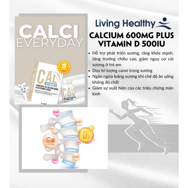 Living Healthy Viên Uống Bổ Sung Calcium 600mg Plus Vitamin D 500 IU 60 Viên