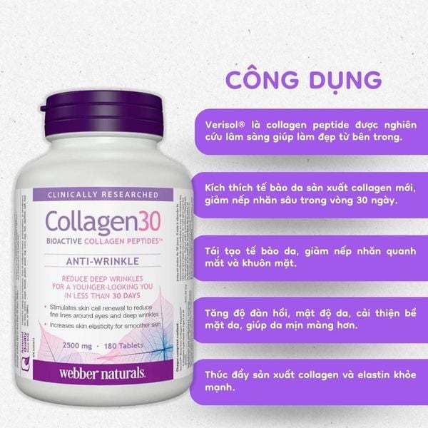 Webber Naturals Viên Uống Collagen 30 Giảm Nhăn Tăng Đàn Hồi Da Hộp 180 viên