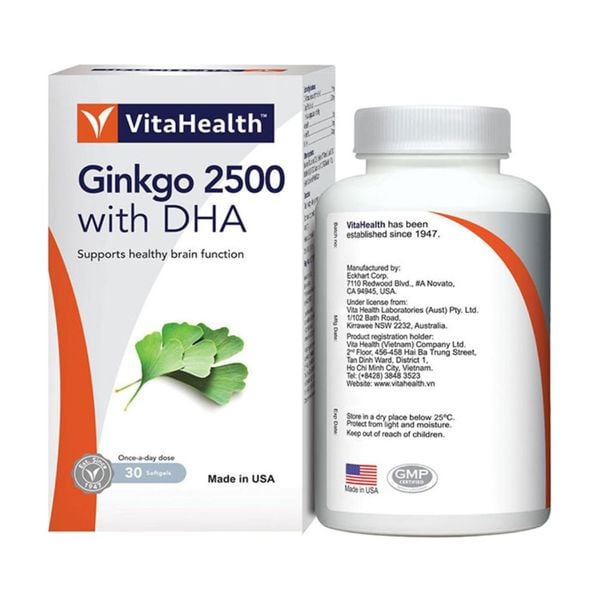 VitaHealth Viên Uống Ginkgo 2500 With DHA Bổ Não Tăng Cường Lưu Thông Máu Não