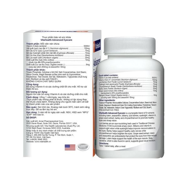 VitaHealth Viên Uống Advanced Eyecare Bổ Sung Vitamin A Và Các Dưỡng Chất Cho Mắt 30 Viên